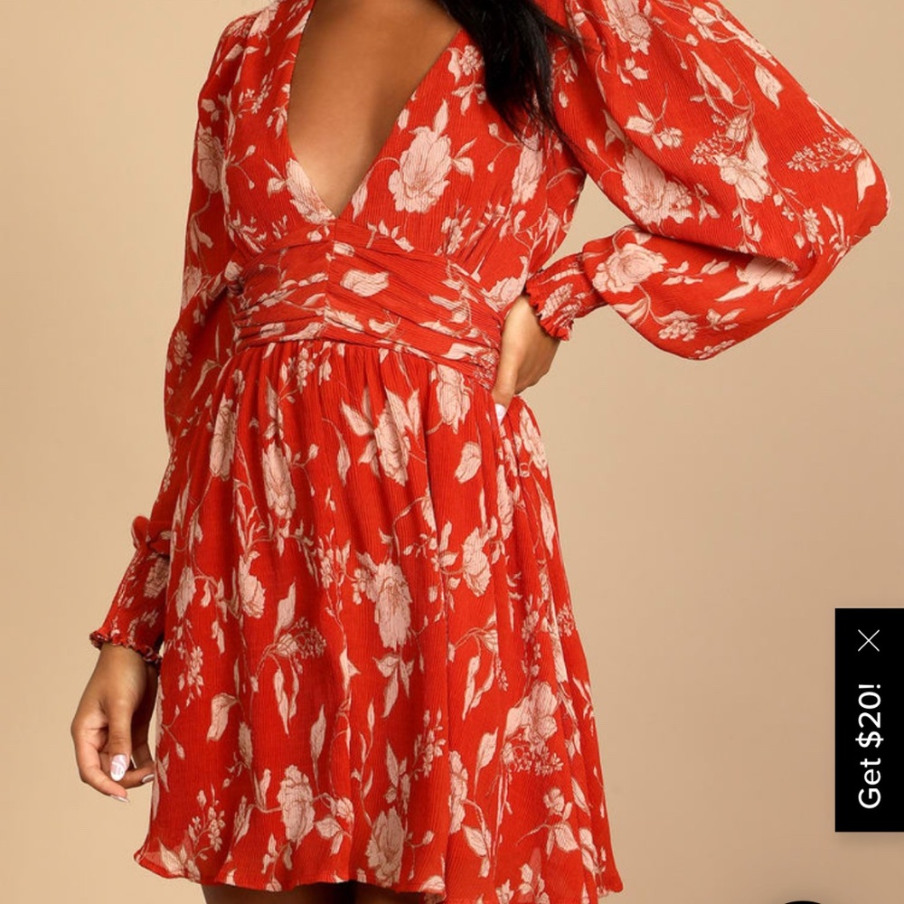 Lulus  Rust Orange Floral Print Long Sleeve Mini Dress